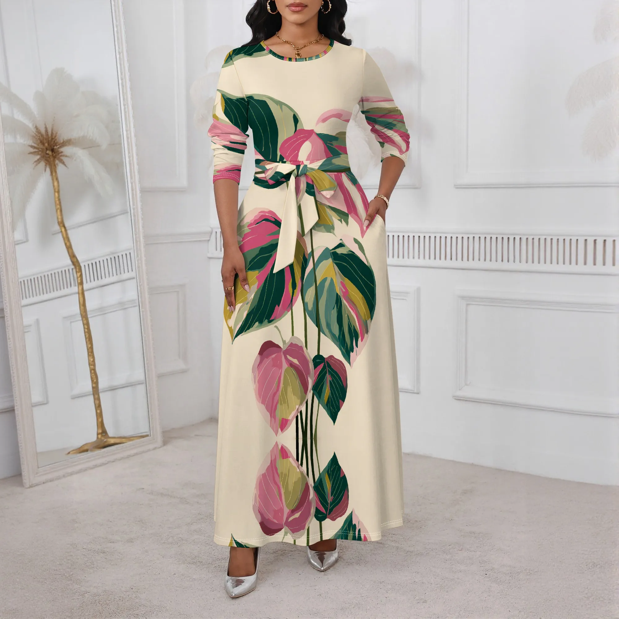 Tropical Leaf Maxi Dress XS-3XL Belted Long Sleeve Round Neck for Garden Party, Fall Brunch or Afro Art Look
Tropical Leaf Maxi Dress XS-3XL Belted Long Sleeve Round Neck for Garden Party, Fall Brunch or Afro Art Look