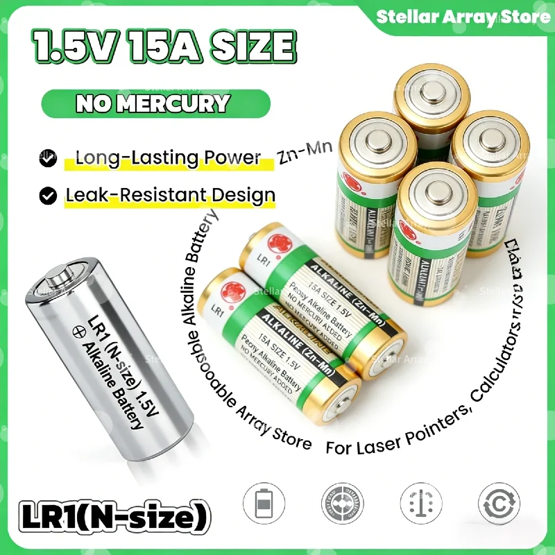 1.5V N Type Battery LR1 AM5 MN9100 E90 Compatible for Bluetooth Speaker, Doorbell, Toy, MP3 Player, Wireless Device
1.5V N Type Battery LR1 AM5 MN9100 E90 Compatible for Bluetooth Speaker, Doorbell, Toy, MP3 Player, Wireless Device