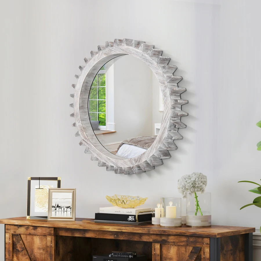 Vintage 17'' x 17'' Wood Round Hanging Gear Shape Decorative Mirror Patchwork Effect With Large-size Mirrors Individually On Ar
Vintage 17'' x 17'' Wood Round Hanging Gear Shape Decorative Mirror Patchwork Effect With Large-size Mirrors Individually On Ar
