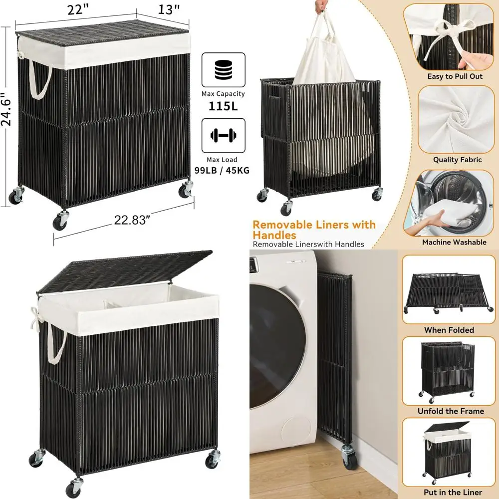 Корзина для белья ручной работы на колесиках с крышкой и съемным вкладышем, емкостью 115 л для эффективной сортировки белья черного цвета
Корзина для белья ручной работы на колесиках с крышкой и съемным вкладышем, емкостью 115 л для эффективной сортировки белья черного цвета