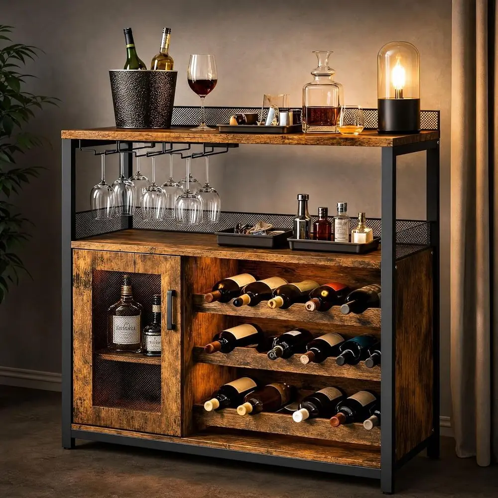 LED-Illuminated 3-Tier Wine Rack Cabinet with Glass Holder and Adjustable Shelves for Bar Display
LED-Illuminated 3-Tier Wine Rack Cabinet with Glass Holder and Adjustable Shelves for Bar Display