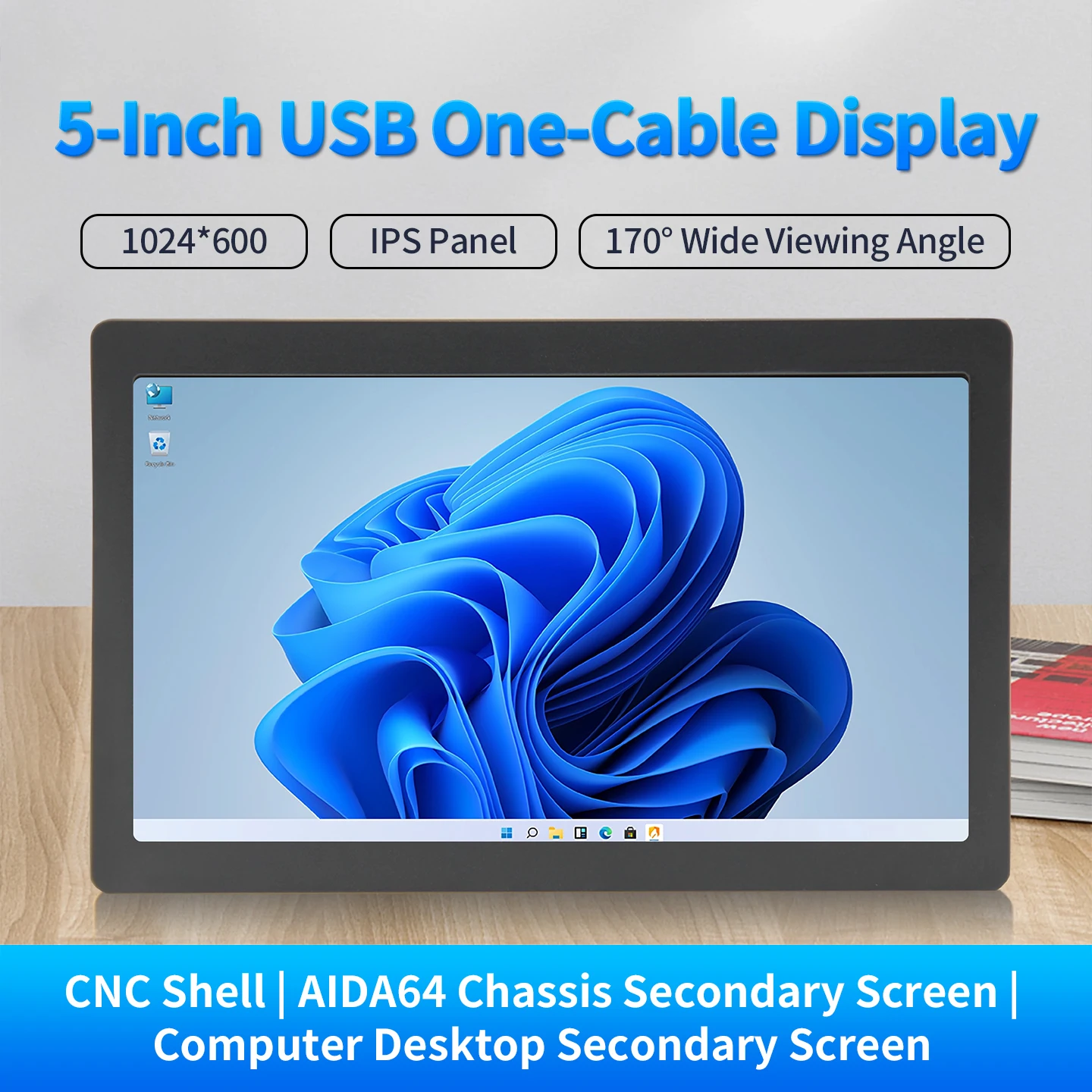 5 Inch IPS USB Secondary Screen One-Cable Display 1024*600 IPS LCD Support Desktop Extended For Windows 10/11
