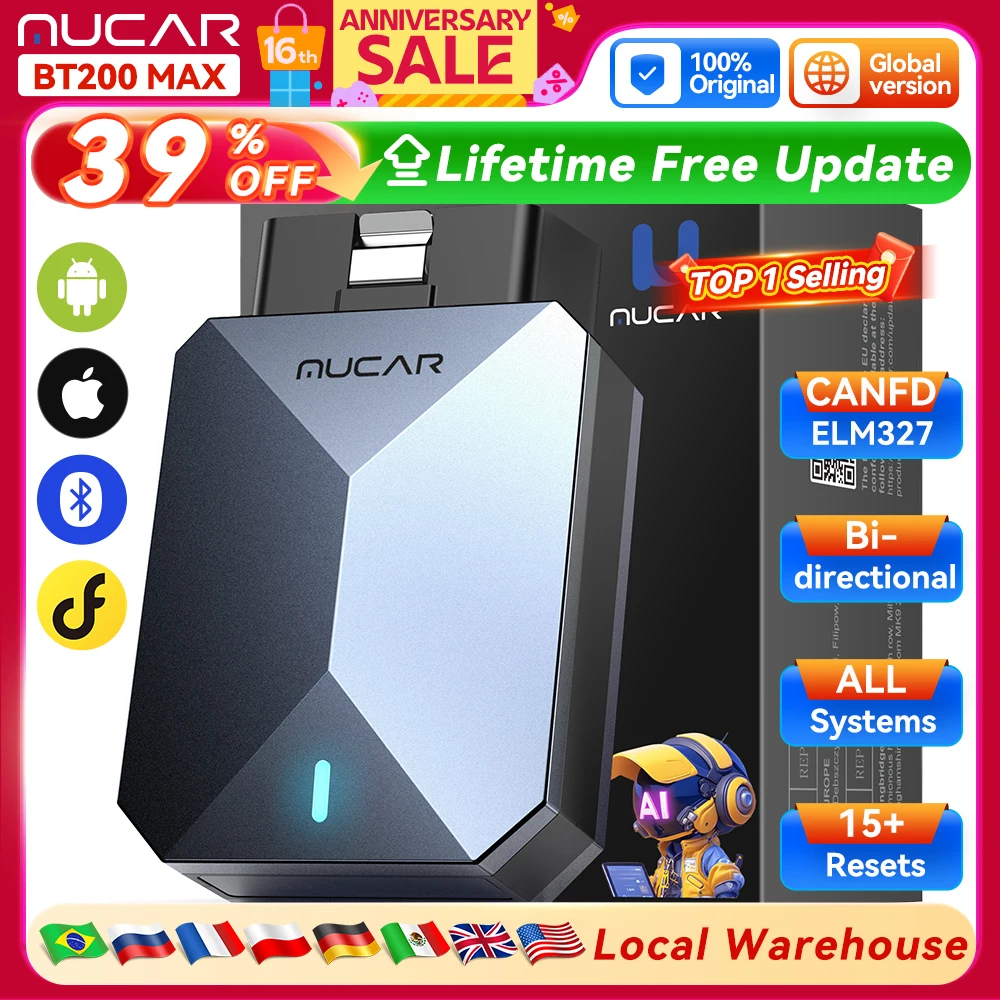 MUCAR BT200 MAX AI Automotive Tool ELM327 OBD2 Bluetooth Scanner CANFD Bidirectional 15 Reset Full System Diagnose Code Reader
MUCAR BT200 MAX AI Automotive Tool ELM327 OBD2 Bluetooth Scanner CANFD Bidirectional 15 Reset Full System Diagnose Code Reader