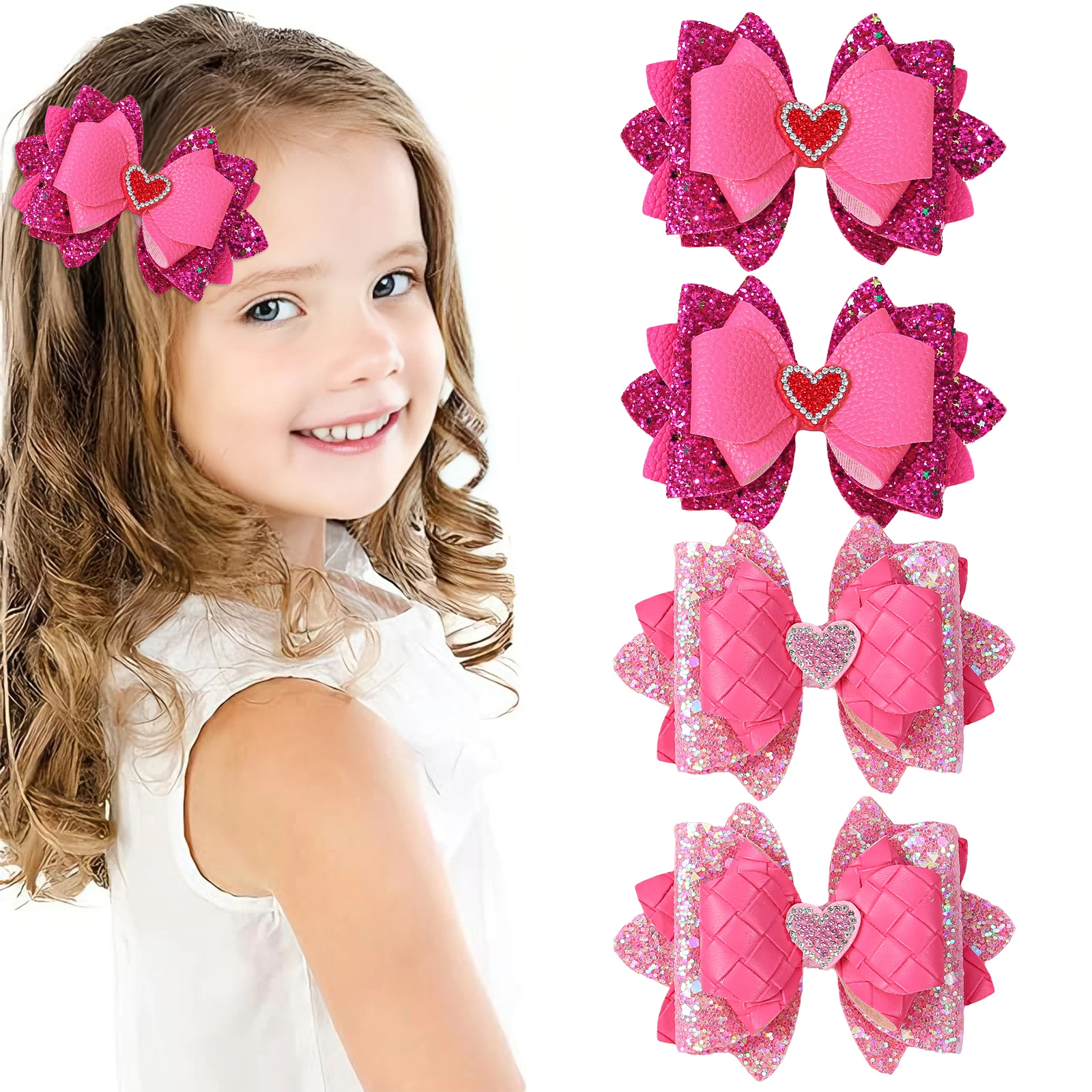 2/4pcs Pink Crystal Heart Leather Double Bow Hair Clips For Kids Valentine's Day Date Party Gift Hair Accessories For Girls
2/4pcs Pink Crystal Heart Leather Double Bow Hair Clips For Kids Valentine's Day Date Party Gift Hair Accessories For Girls