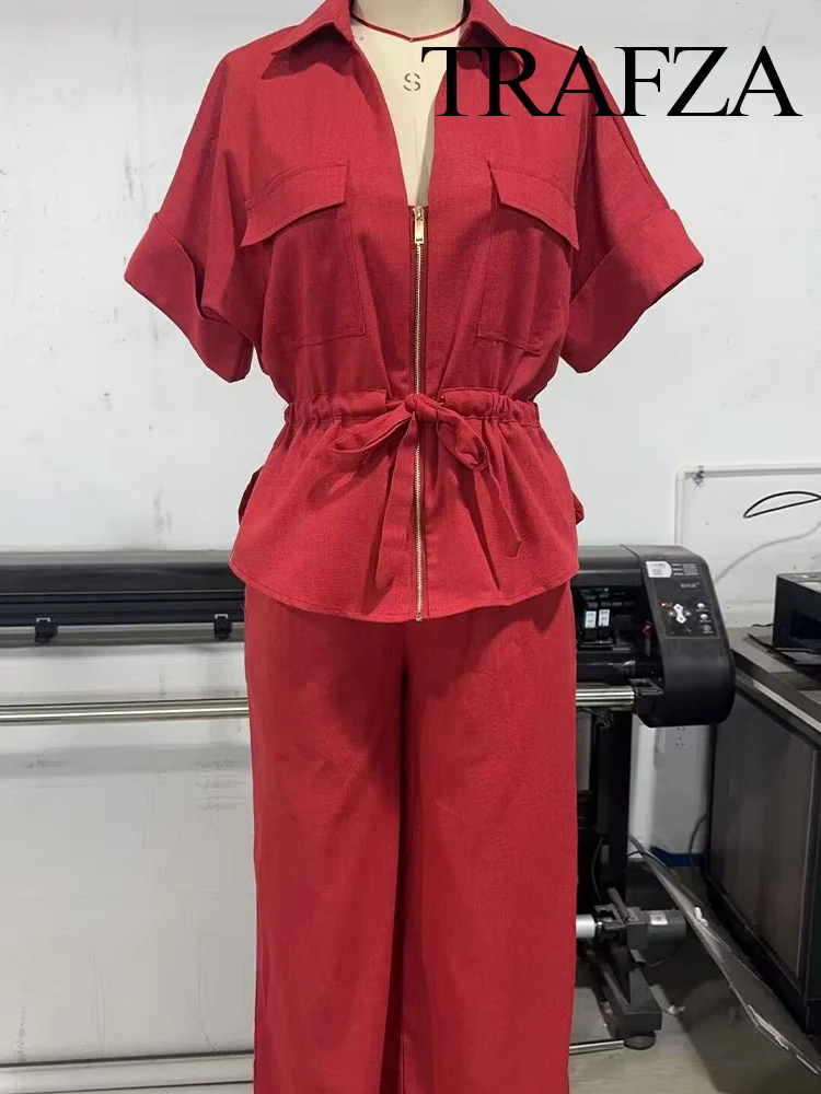 TRAFZA Women Loose Pant Suit Solid Fashion Lapel Pockets Zipper Shirt+Elastic Waist Pleated High Street Wide-leg Casual Trousers
TRAFZA Women Loose Pant Suit Solid Fashion Lapel Pockets Zipper Shirt+Elastic Waist Pleated High Street Wide-leg Casual Trousers