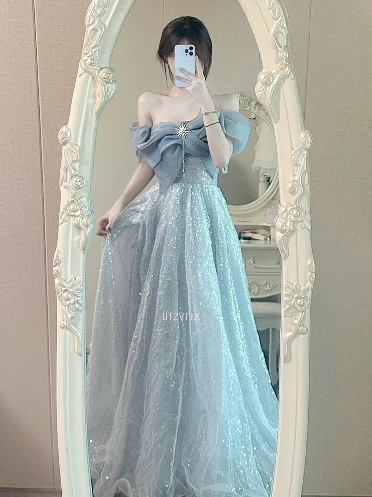 Light Luxury Long Party Evening Dress Women's New Off-Shoulder Sequins Bow Prom Dress 2025 New Simple A-Line Wedding Dresses
Light Luxury Long Party Evening Dress Women's New Off-Shoulder Sequins Bow Prom Dress 2025 New Simple A-Line Wedding Dresses