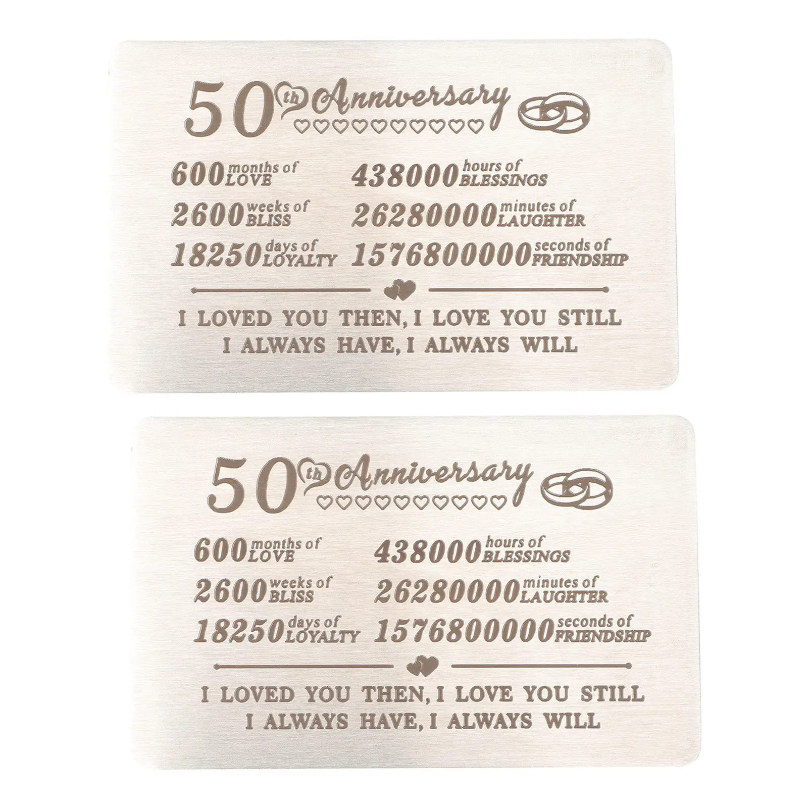 2 шт. Премиальные вставки для кошелька из нержавеющей стали с прозрачной надписью, романтические поздравительные открытки на годовщину для мужа и жены, 50-летие
2 шт. Премиальные вставки для кошелька из нержавеющей стали с прозрачной надписью, романтические поздравительные открытки на годовщину для мужа и жены, 50-летие