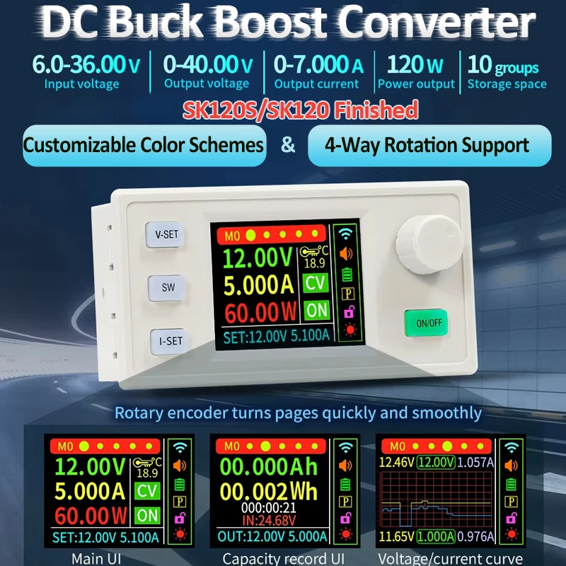 SK120S CNC DC Buck Boost Converter 120W Adjustable Regulated Voltage Current Regulator 6-36V 7A MPPT Solar Charging Power Module
SK120S CNC DC Buck Boost Converter 120W Adjustable Regulated Voltage Current Regulator 6-36V 7A MPPT Solar Charging Power Module