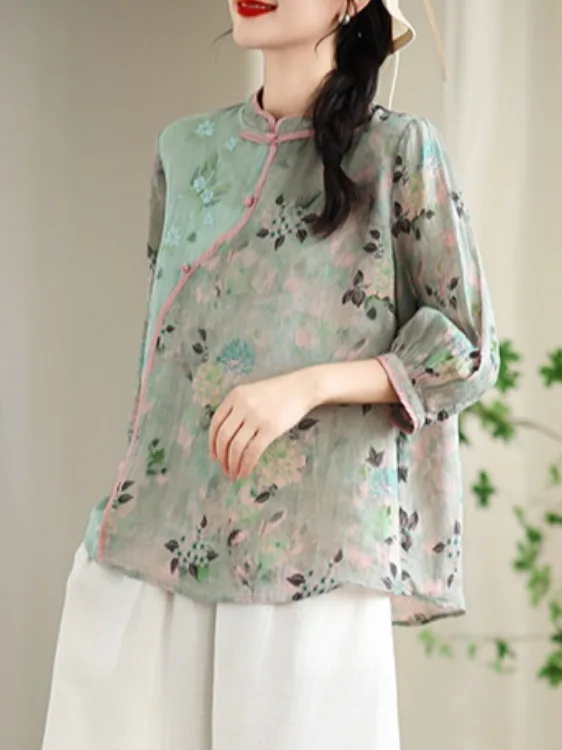 Chinese Style Large Size Women's Shirt Floral Print Asymmetrical Buttoning Thin Stand Collar Loose Fit Casual Top
Chinese Style Large Size Women's Shirt Floral Print Asymmetrical Buttoning Thin Stand Collar Loose Fit Casual Top