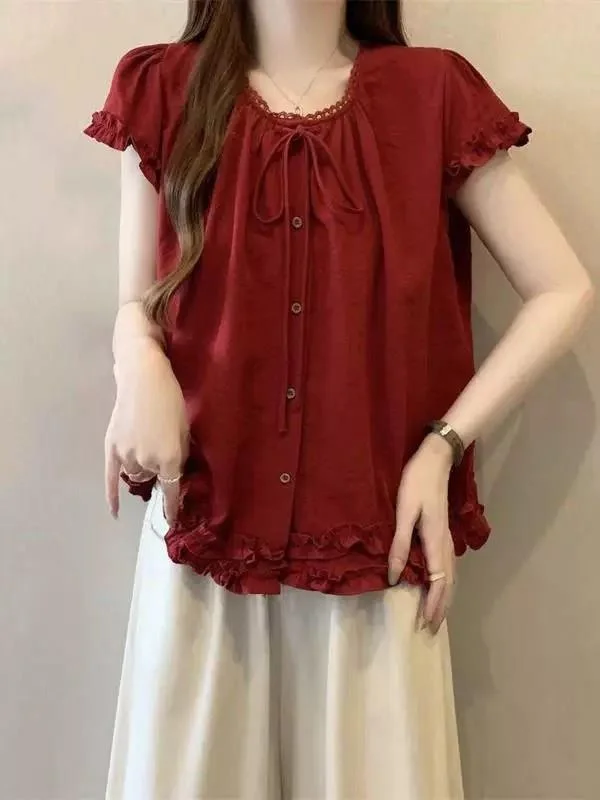 plus Size Red Shirt Women's Loose Fit Summer Doll Shirt Wooden Ear Small Flying Sleeve Casual Style round Neck Short Sleeve
plus Size Red Shirt Women's Loose Fit Summer Doll Shirt Wooden Ear Small Flying Sleeve Casual Style round Neck Short Sleeve