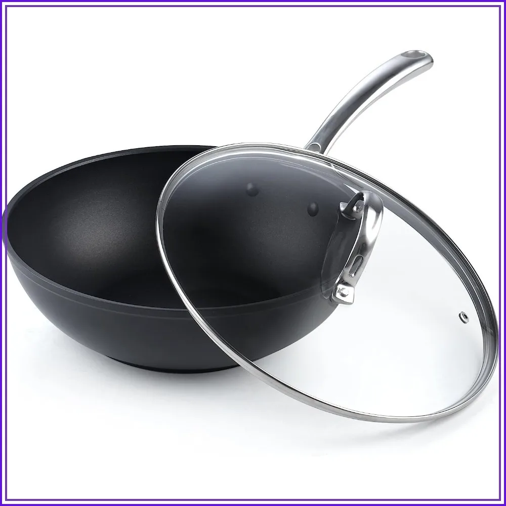 11 Inch Nonstick Wok Pan with Lid, Hard Anodized Deep Frying Pan, Flat Bottom Wok for Stir Fry, Dishwasher & Oven Safe, Black
11 Inch Nonstick Wok Pan with Lid, Hard Anodized Deep Frying Pan, Flat Bottom Wok for Stir Fry, Dishwasher & Oven Safe, Black
