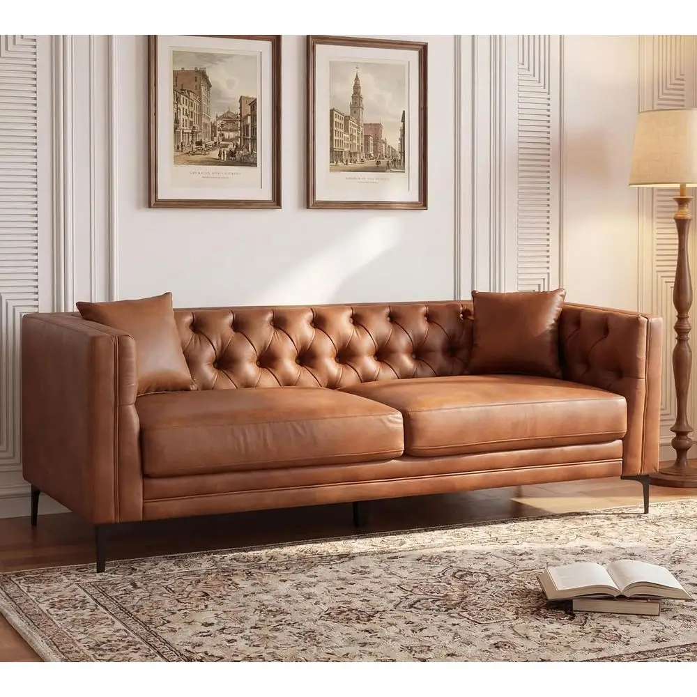 Mid-Century Modern 3-Seater Leather Sofa with Metal Legs, Vintage Button-Tufted for Living Room, Bedroom, or Office, Camel
Mid-Century Modern 3-Seater Leather Sofa with Metal Legs, Vintage Button-Tufted for Living Room, Bedroom, or Office, Camel