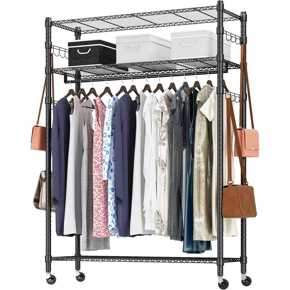 Sturdy Adjustable Rolling Clothes Rack with Shelves, 1 Hanging Bar, 3 Shelves, 4 Hooks, Holds 400lbs - Black
Sturdy Adjustable Rolling Clothes Rack with Shelves, 1 Hanging Bar, 3 Shelves, 4 Hooks, Holds 400lbs - Black