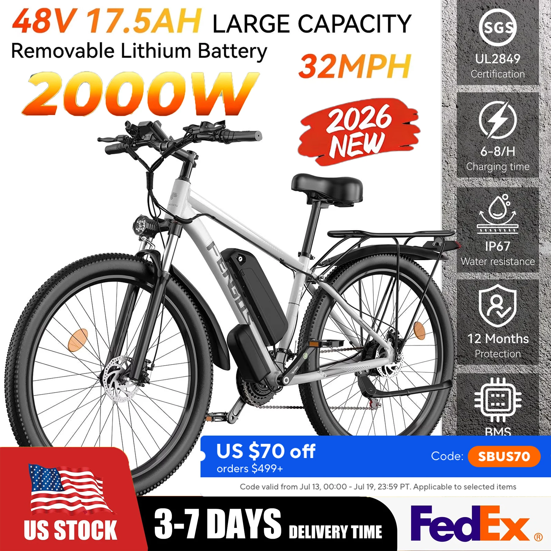 FENGQS NEW Q8 2000W dual motor electric bicycle 48V 840WH 80 mile range 32MPH 27.5-inch all terrain dual disc brake shock absorber, 21 speed dual shock absorber all terrain vehicle, aluminum alloy frame
FENGQS NEW Q8 2000W dual motor electric bicycle 48V 840WH 80 mile range 32MPH 27.5-inch all terrain dual disc brake shock absorber, 21 speed dual shock absorber all terrain vehicle, aluminum alloy frame