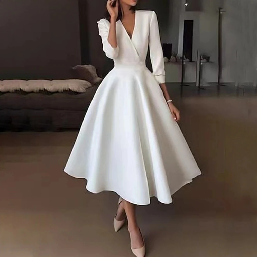Customized Elegant Simple Midi Wedding Dresses Satin V-Neck 3/4 Length Sleeve Short Brides Dress Women Vestidos De Novias
Customized Elegant Simple Midi Wedding Dresses Satin V-Neck 3/4 Length Sleeve Short Brides Dress Women Vestidos De Novias