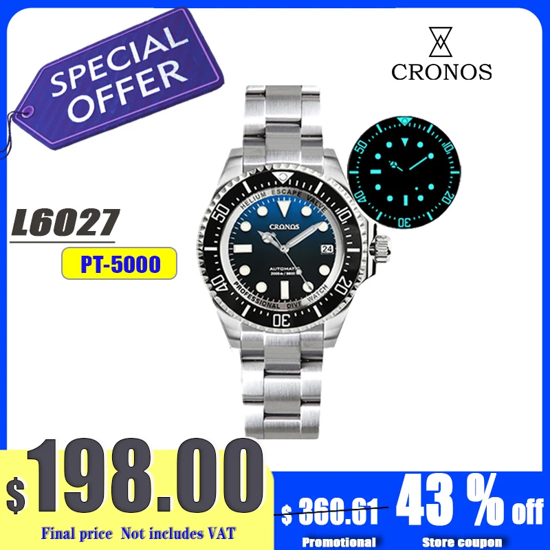 Cronos Automatic Diving Watch Stainless Steel 2000Meters Water Resistance Professional Diver PT5000 SW200 Miyota9015 90S5 L6027M
Cronos Automatic Diving Watch Stainless Steel 2000Meters Water Resistance Professional Diver PT5000 SW200 Miyota9015 90S5 L6027M