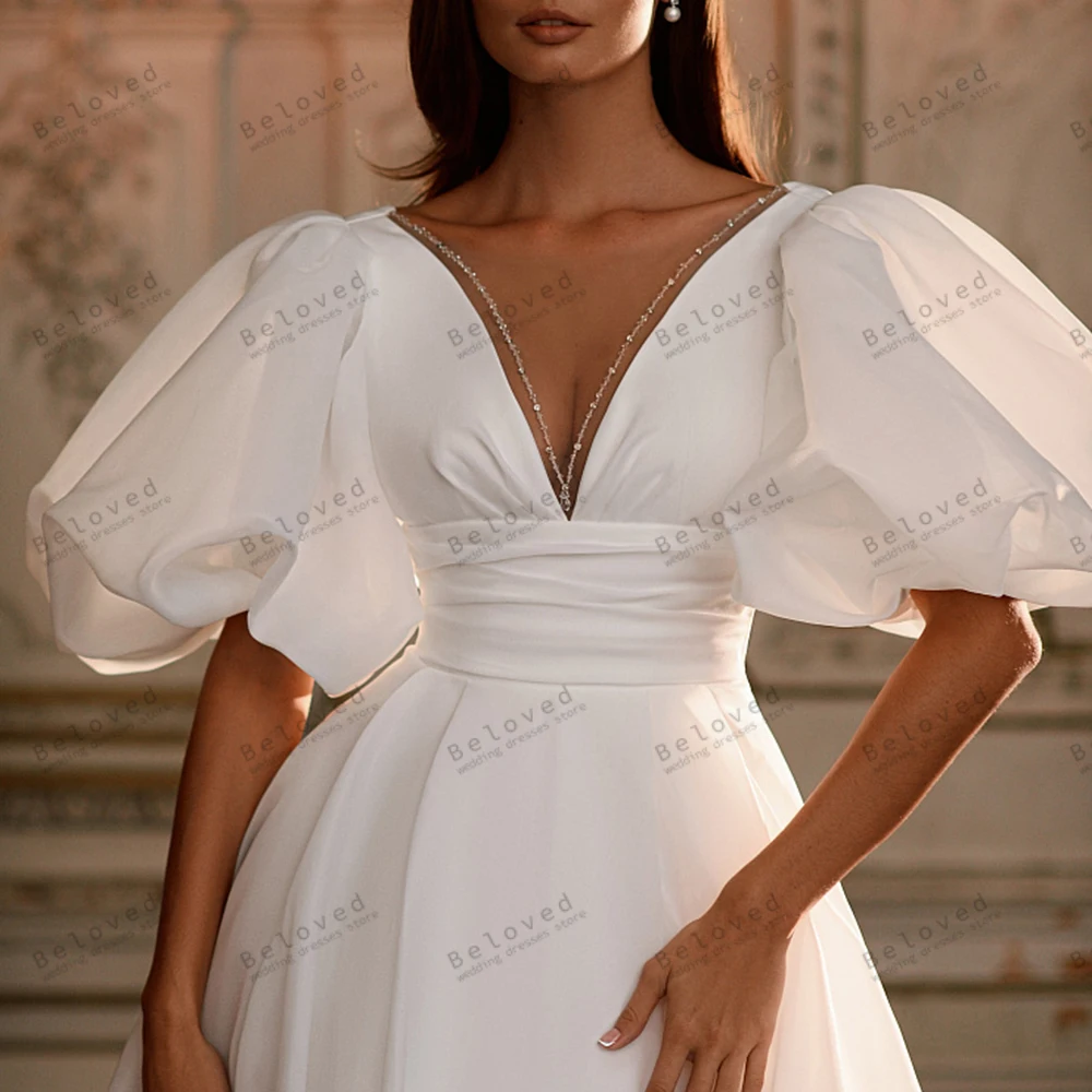 Simple Wedding Dresses Satin Bridal Gowns Modern Robes Puff Sleeves Deep V Neck Glamorous Backless Vestidos De Novia Customized
Simple Wedding Dresses Satin Bridal Gowns Modern Robes Puff Sleeves Deep V Neck Glamorous Backless Vestidos De Novia Customized