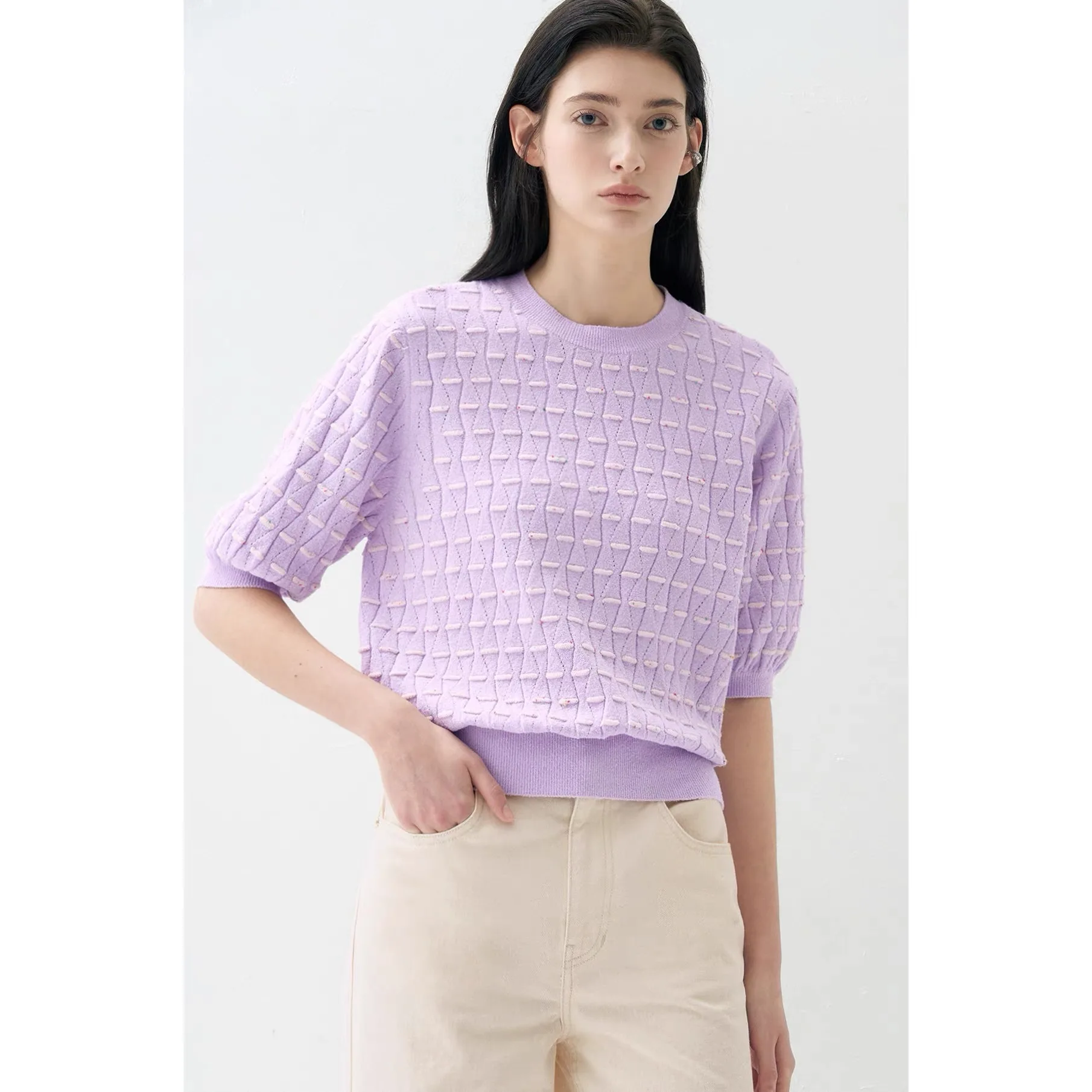 Lemon Cheese LAN26 Spring Anti-Aging round Neck 3D Hollow out Line Bubble Sleeve Versatile Short Sleeve Knitted Shirt
Lemon Cheese LAN26 Spring Anti-Aging round Neck 3D Hollow out Line Bubble Sleeve Versatile Short Sleeve Knitted Shirt