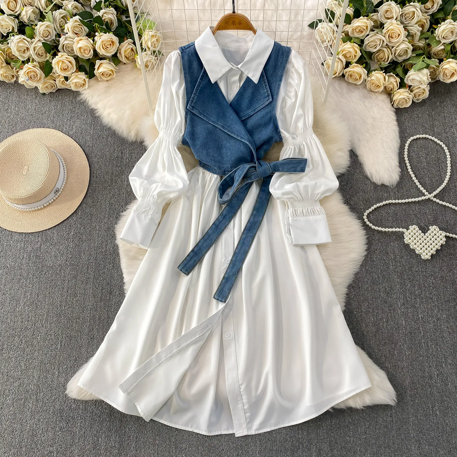 SuperAen Retro Women's Waist Lapel Collar White Shirt Long Dresses Spring and Autumn New Denim Lace-up Short Vest Sets
SuperAen Retro Women's Waist Lapel Collar White Shirt Long Dresses Spring and Autumn New Denim Lace-up Short Vest Sets
