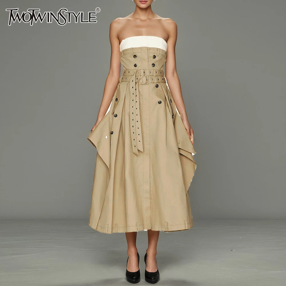 TWOTWINSTYLE Hit Color Spliced Button Fashion Dresses for Women Strapless Sleeveless Patchwork Belt Temperament Dress Female New
TWOTWINSTYLE Hit Color Spliced Button Fashion Dresses for Women Strapless Sleeveless Patchwork Belt Temperament Dress Female New