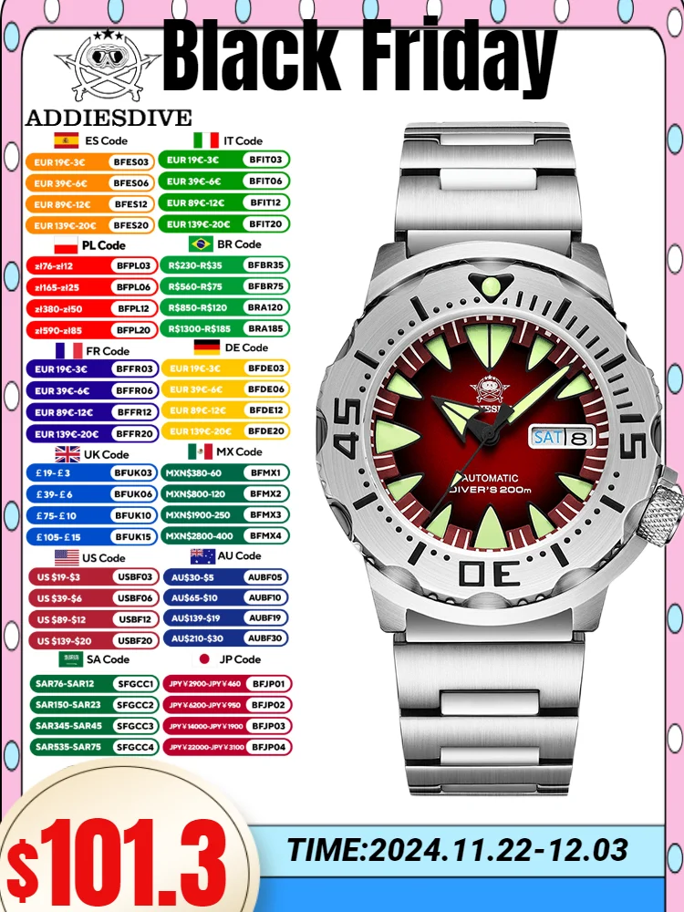 ADDIESDIVE Men's Watches C3 Super Luminous 316L Steel NH36 Sapphire Crystal 20Bar Diver Automatic Mechanical Watch reloj hombre
ADDIESDIVE Men's Watches C3 Super Luminous 316L Steel NH36 Sapphire Crystal 20Bar Diver Automatic Mechanical Watch reloj hombre