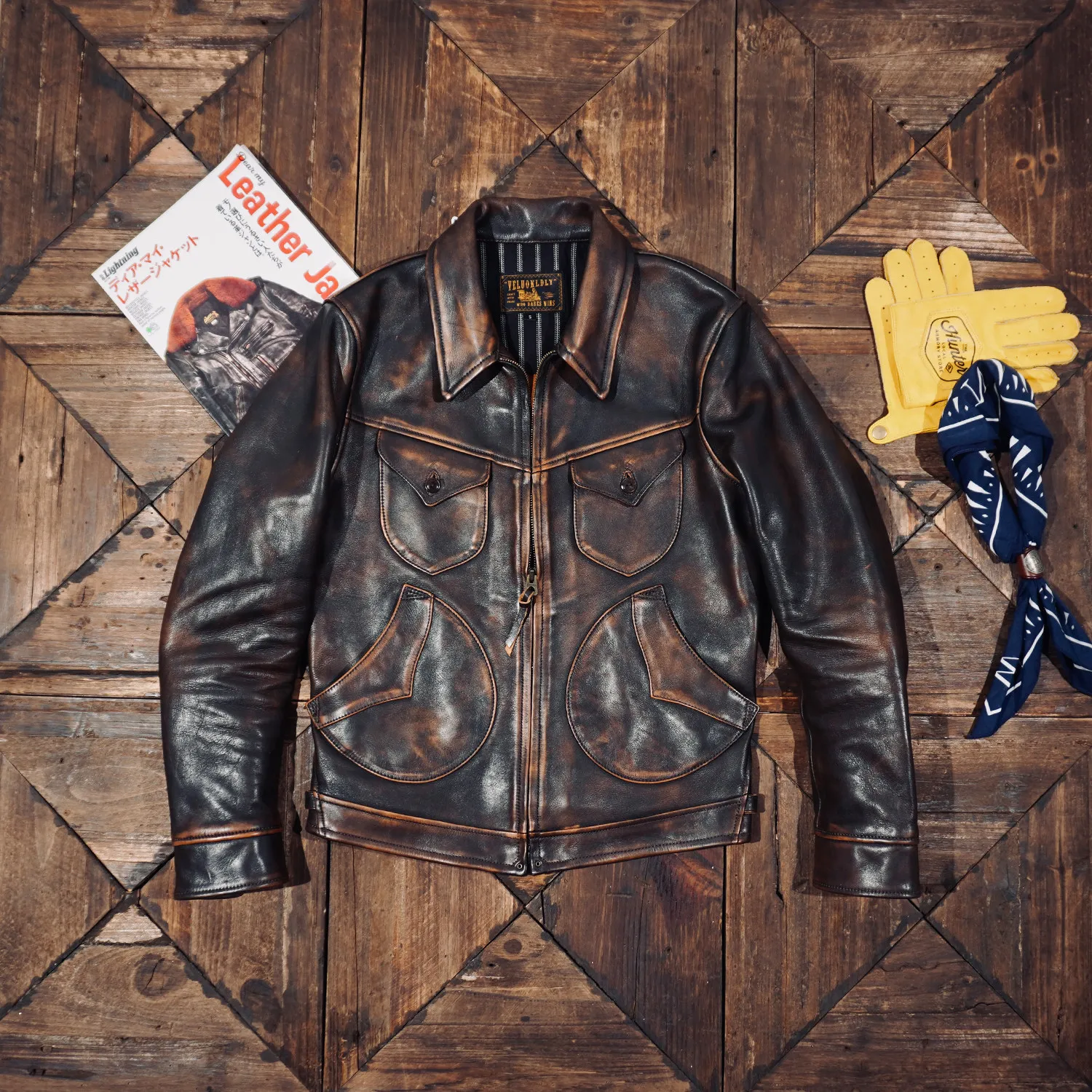 Heavy wash old Mendoza tea core cowhide American retro locomotive leather jacket
Heavy wash old Mendoza tea core cowhide American retro locomotive leather jacket