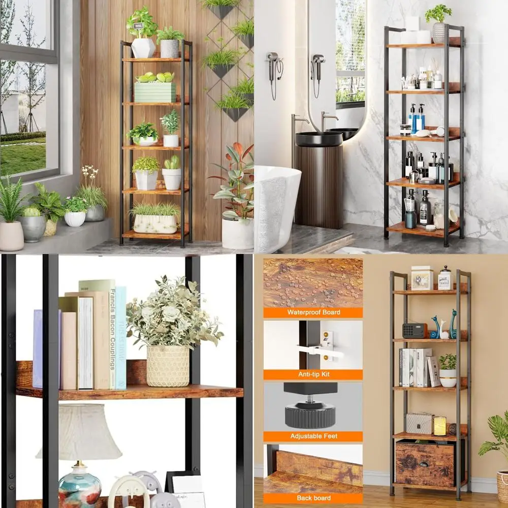 5-Tier Wooden and Metal Bookshelf, Tall Narrow Storage Organizer, Industrial Style Display Stand for Home, Rustic Brown
5-Tier Wooden and Metal Bookshelf, Tall Narrow Storage Organizer, Industrial Style Display Stand for Home, Rustic Brown
