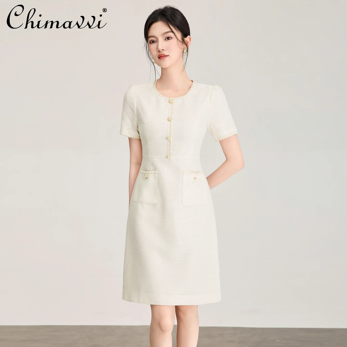 French Elegant Temperament Handmade Beaded Round Neck Short Sleeve High Waist Slim A-line Fashion Socialite Summer Dress Women
French Elegant Temperament Handmade Beaded Round Neck Short Sleeve High Waist Slim A-line Fashion Socialite Summer Dress Women