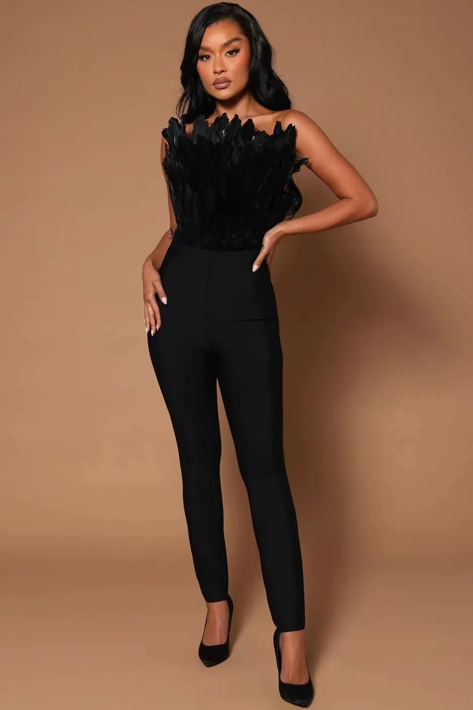 Elegant Black Slim Sleeveless Bandage Jumpsuit Women Solid Feathers Designed Jumpsuit Club Evening Party One Piece Outfits
Elegant Black Slim Sleeveless Bandage Jumpsuit Women Solid Feathers Designed Jumpsuit Club Evening Party One Piece Outfits