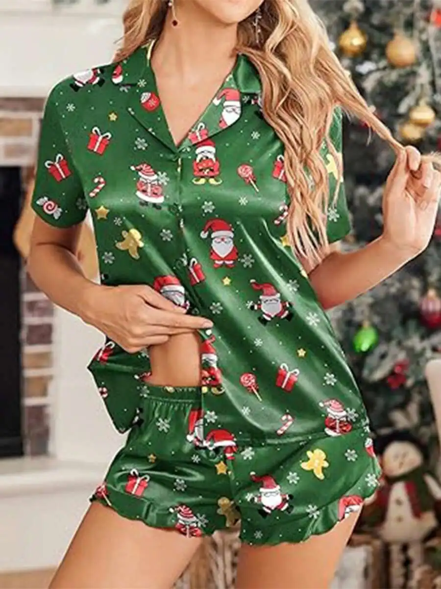 Women Christmas Pajama Set Short Sleeve Santa Print Satin Shirt Ruffle Shorts Sleepwear
Women Christmas Pajama Set Short Sleeve Santa Print Satin Shirt Ruffle Shorts Sleepwear