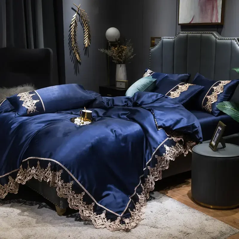 Royal Blue Satin Lace Bedding Sets Home Textile 4pcs Europe Solid Color Bedclothes Duvet Cover Fitted Bed Sheet Pillowcases
Royal Blue Satin Lace Bedding Sets Home Textile 4pcs Europe Solid Color Bedclothes Duvet Cover Fitted Bed Sheet Pillowcases