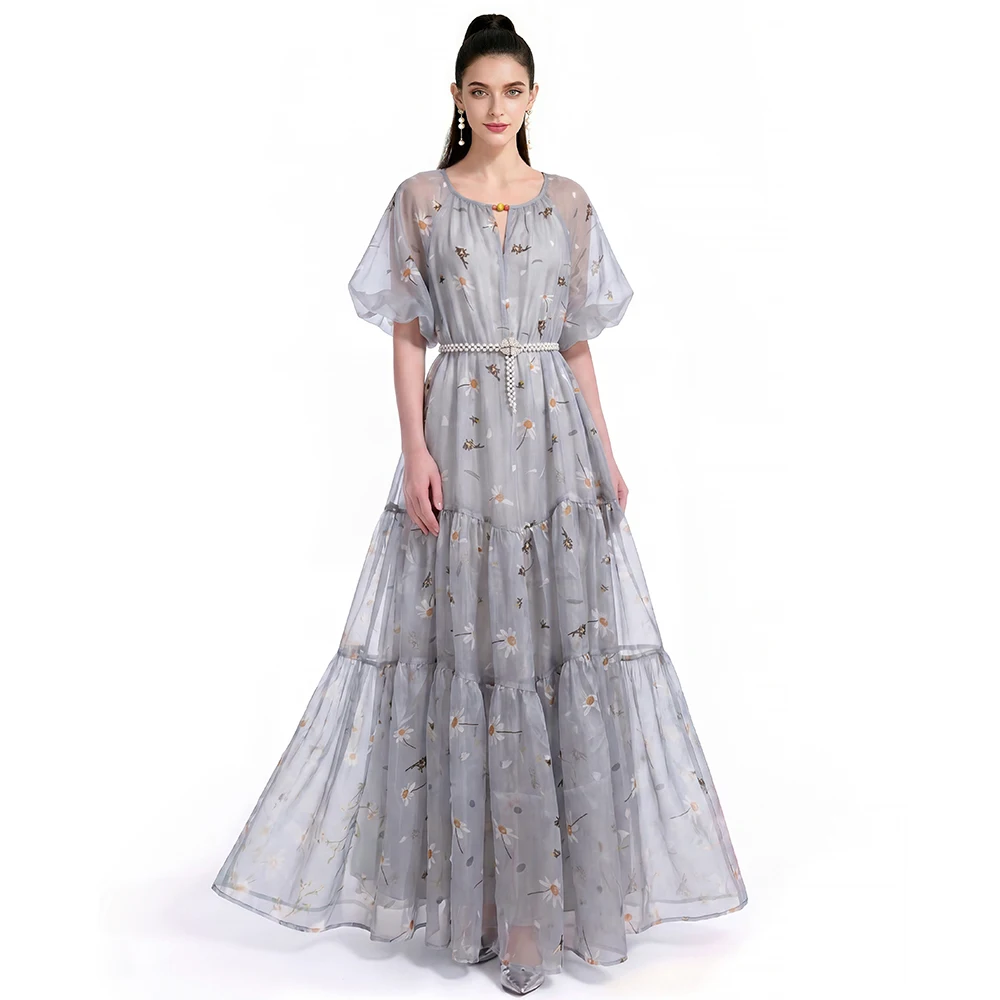 2026 Summer Grey Floral Daisy Organza Long Dress Round Neck Flare Sleeve Tiered Ruffle A-line Maxi Dress for Women
2026 Summer Grey Floral Daisy Organza Long Dress Round Neck Flare Sleeve Tiered Ruffle A-line Maxi Dress for Women