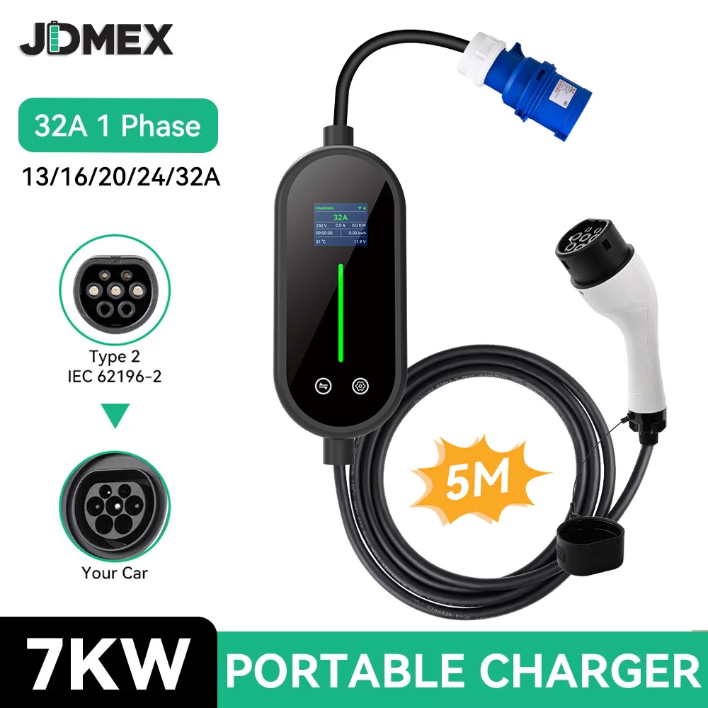 JDMEX Type2 Portable EV Charger 7KW Car Charger 32A 1Phase Wallbox EVSE Charger APP Control 5M Cable for Electric Vehicle
JDMEX Type2 Portable EV Charger 7KW Car Charger 32A 1Phase Wallbox EVSE Charger APP Control 5M Cable for Electric Vehicle
