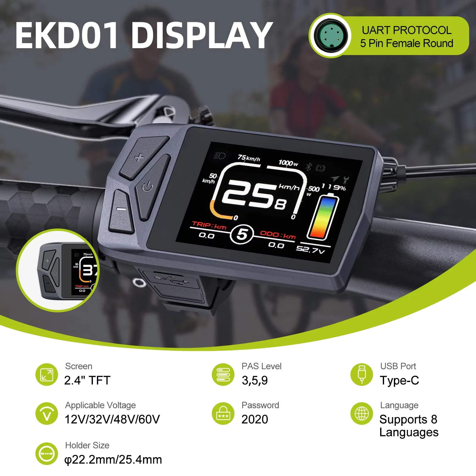 Electric Bike EKD01 Display Bluetooth Navigation Multilingual eBike Computer 9 PAS for BAFANG Motor UART Protocol 5PIN Female
Electric Bike EKD01 Display Bluetooth Navigation Multilingual eBike Computer 9 PAS for BAFANG Motor UART Protocol 5PIN Female