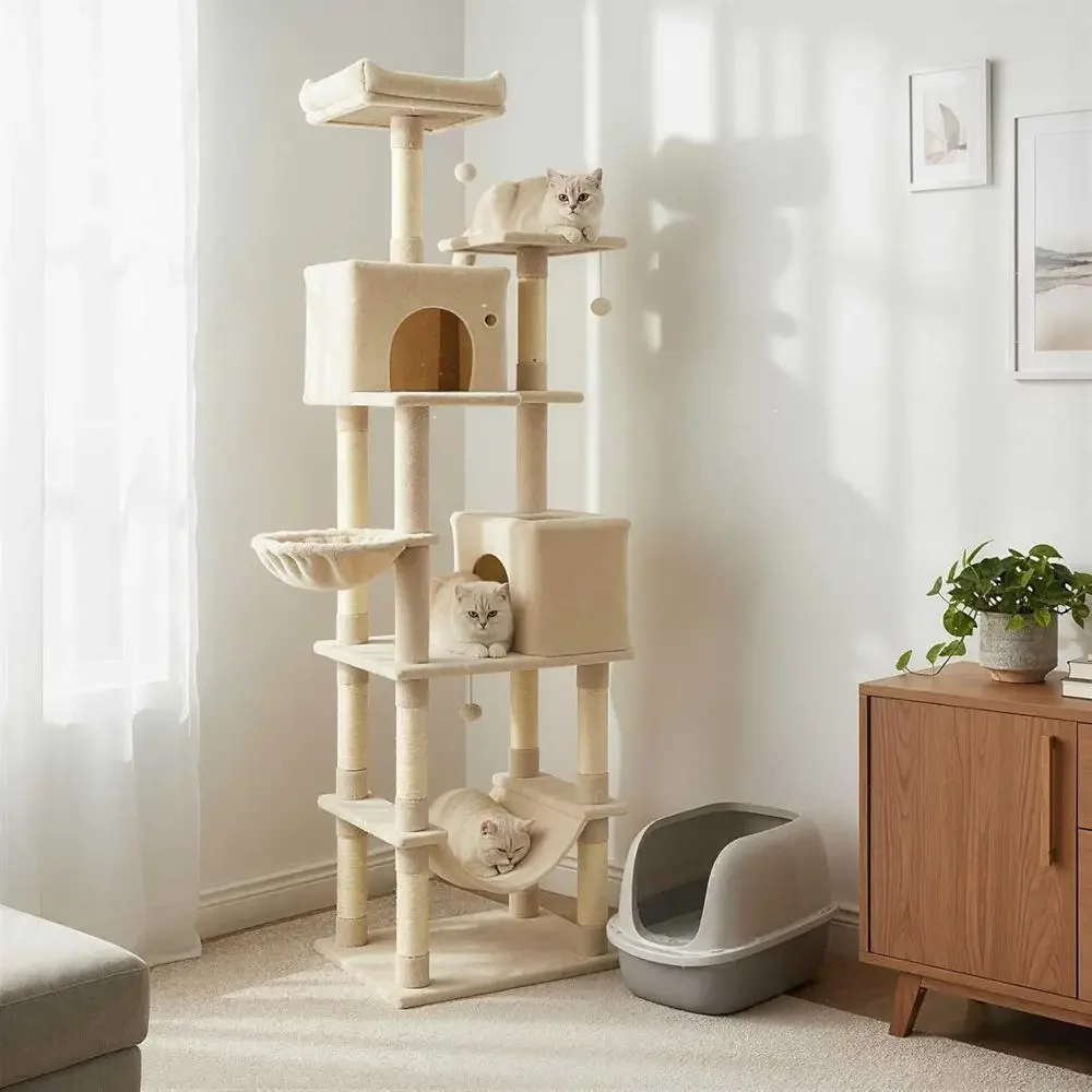 80 Inch Multi-Level Cat Tower with Sisal Posts, 2 Condos, Plush Perch, Hammock, Basket, Toys for Indoor Cats (Beige)
80 Inch Multi-Level Cat Tower with Sisal Posts, 2 Condos, Plush Perch, Hammock, Basket, Toys for Indoor Cats (Beige)