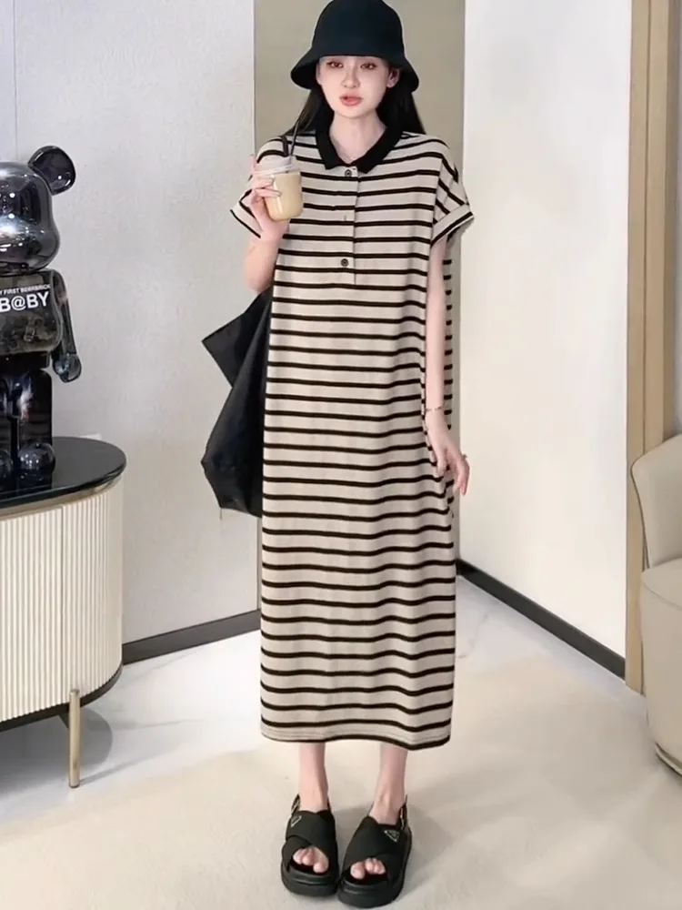 Fashionable Striped Dress with A Lazy and Loose Lapel for A Slimming and Drooping Mid Length Skirt, Suitable for Women's Summer
Fashionable Striped Dress with A Lazy and Loose Lapel for A Slimming and Drooping Mid Length Skirt, Suitable for Women's Summer