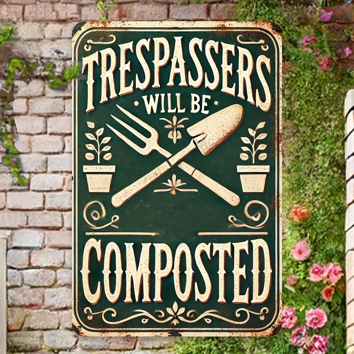 Vintage "Trespassers Will Be Composted" Aluminum Sign - Rustic Wall Art with Shovel,Fork Design for Garden, Porch, Garage, or F
Vintage "Trespassers Will Be Composted" Aluminum Sign - Rustic Wall Art with Shovel,Fork Design for Garden, Porch, Garage, or F