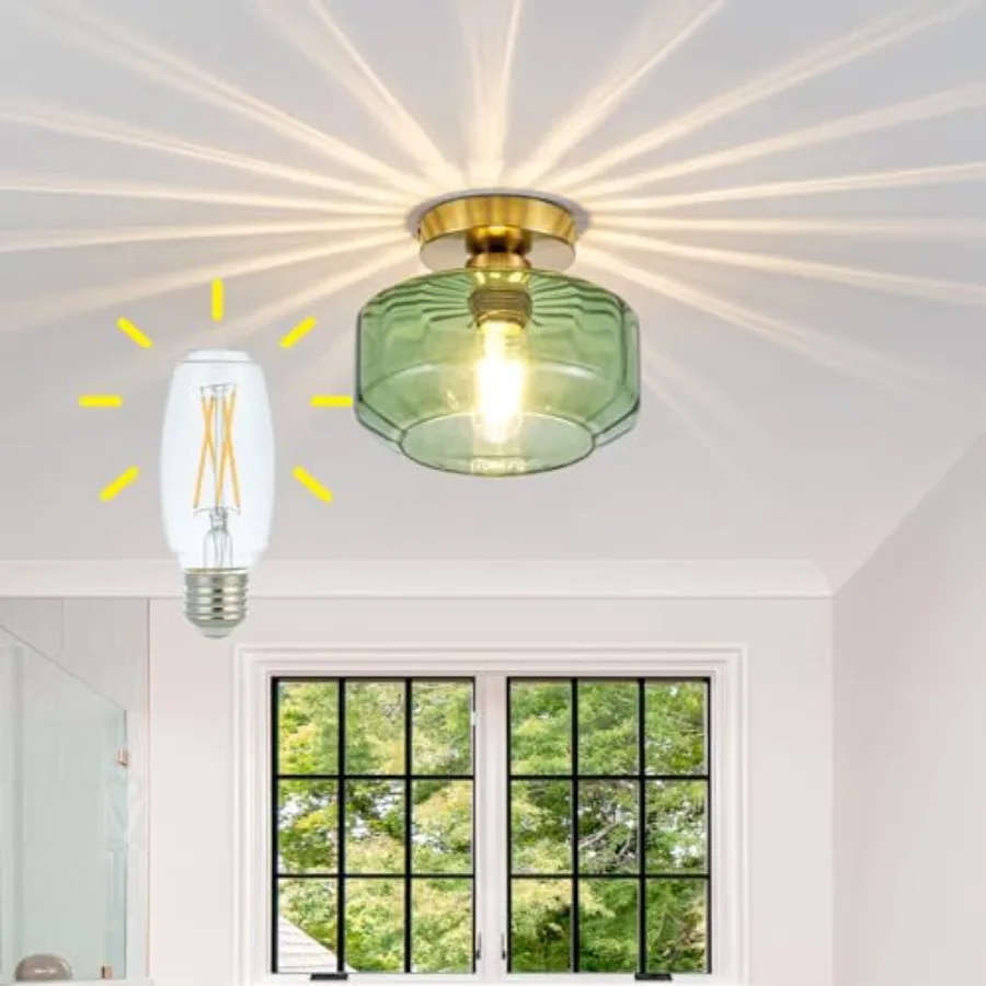 Tbaoinal Semi Flush Mount Ceiling Light Textured Green Glass Shade Matal Base Inclede LED Bulb for Kitchen/Hallway/Entryway/Bat