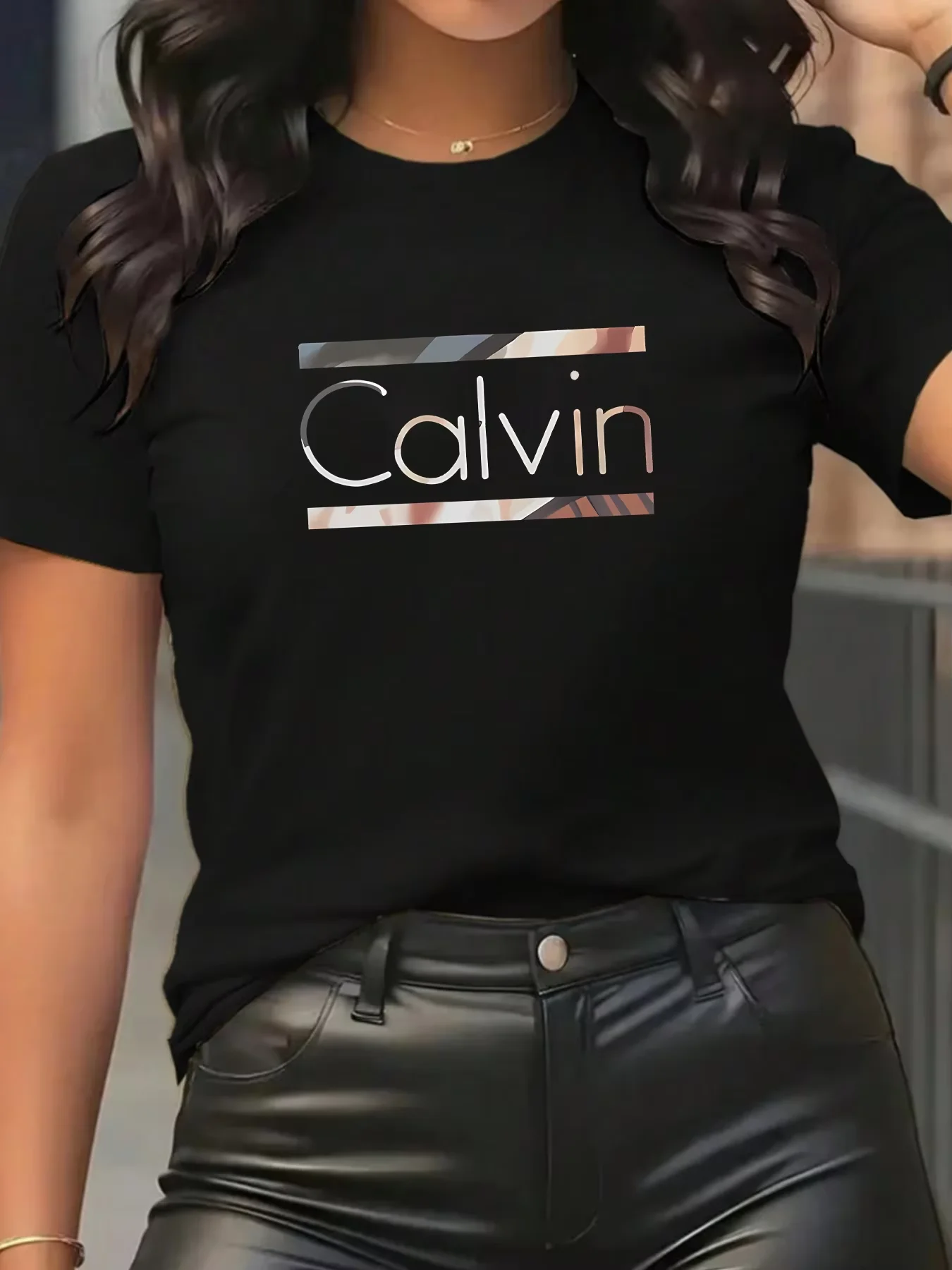 English letters Plus size women's round neck short sleeve T-shirt with elastic half sleeves and trendy prints
English letters Plus size women's round neck short sleeve T-shirt with elastic half sleeves and trendy prints