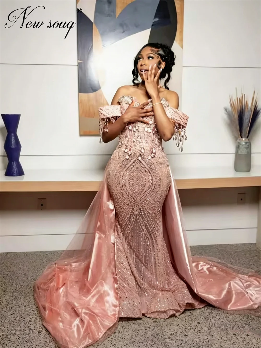 Sparkly Pink Beaded Evening Dresses African Off Shoulder Cocktail Prom Dress Customized Crystals Mermaid Wedding Party Gowns
Sparkly Pink Beaded Evening Dresses African Off Shoulder Cocktail Prom Dress Customized Crystals Mermaid Wedding Party Gowns