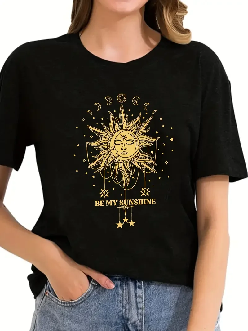 Sun goddess printed gold short sleeved casual women's fashion women's pattern T-shirt women's printed summer T-shirt
Sun goddess printed gold short sleeved casual women's fashion women's pattern T-shirt women's printed summer T-shirt