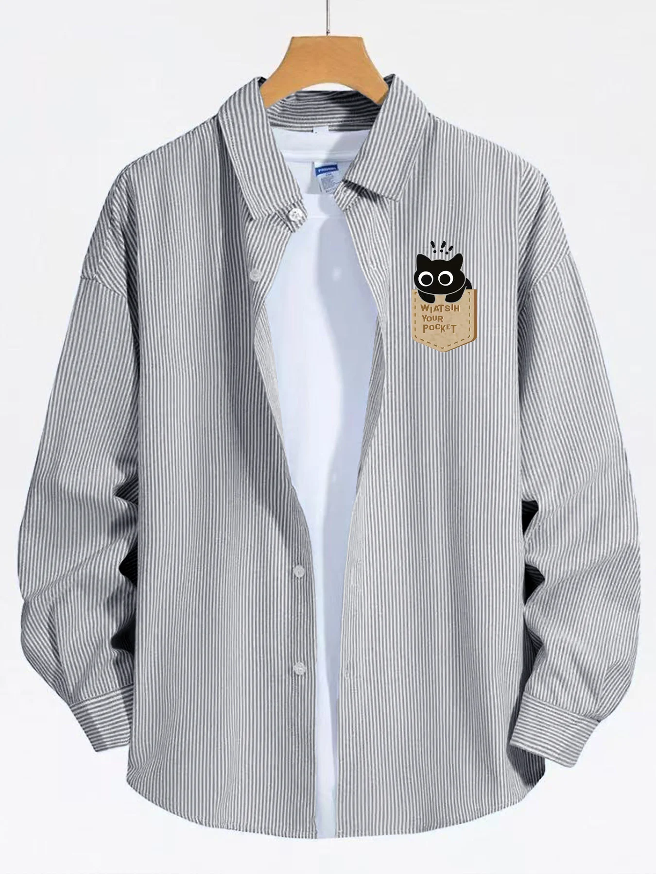 Spring and Autumn New Trendy Men's Clothing Cartoon Pocket Little Cat Stripe Long Sleeve Casual Versatile Shirt
Spring and Autumn New Trendy Men's Clothing Cartoon Pocket Little Cat Stripe Long Sleeve Casual Versatile Shirt