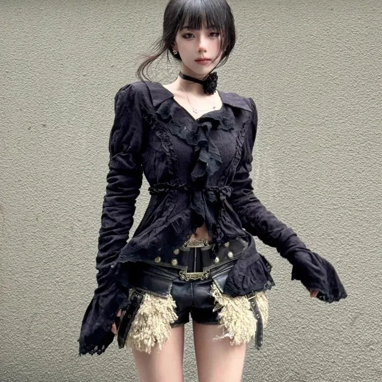 Винтажные черные рубашки с v-образным вырезом, женские весенне-осенние новые блузки с тонкой талией и оборками Y2k, Blusas Mujer в стиле гранж с длинными рукавами
Винтажные черные рубашки с v-образным вырезом, женские весенне-осенние новые блузки с тонкой талией и оборками Y2k, Blusas Mujer в стиле гранж с длинными рукавами