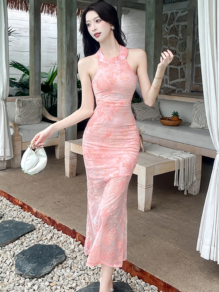 Women Pink Mesh Jacquard Neck-mounted Sexy Long Dress Summer Elegant Casual Holiday Dress 2026 Korean Bodycon Festival Vestidos
Women Pink Mesh Jacquard Neck-mounted Sexy Long Dress Summer Elegant Casual Holiday Dress 2026 Korean Bodycon Festival Vestidos
