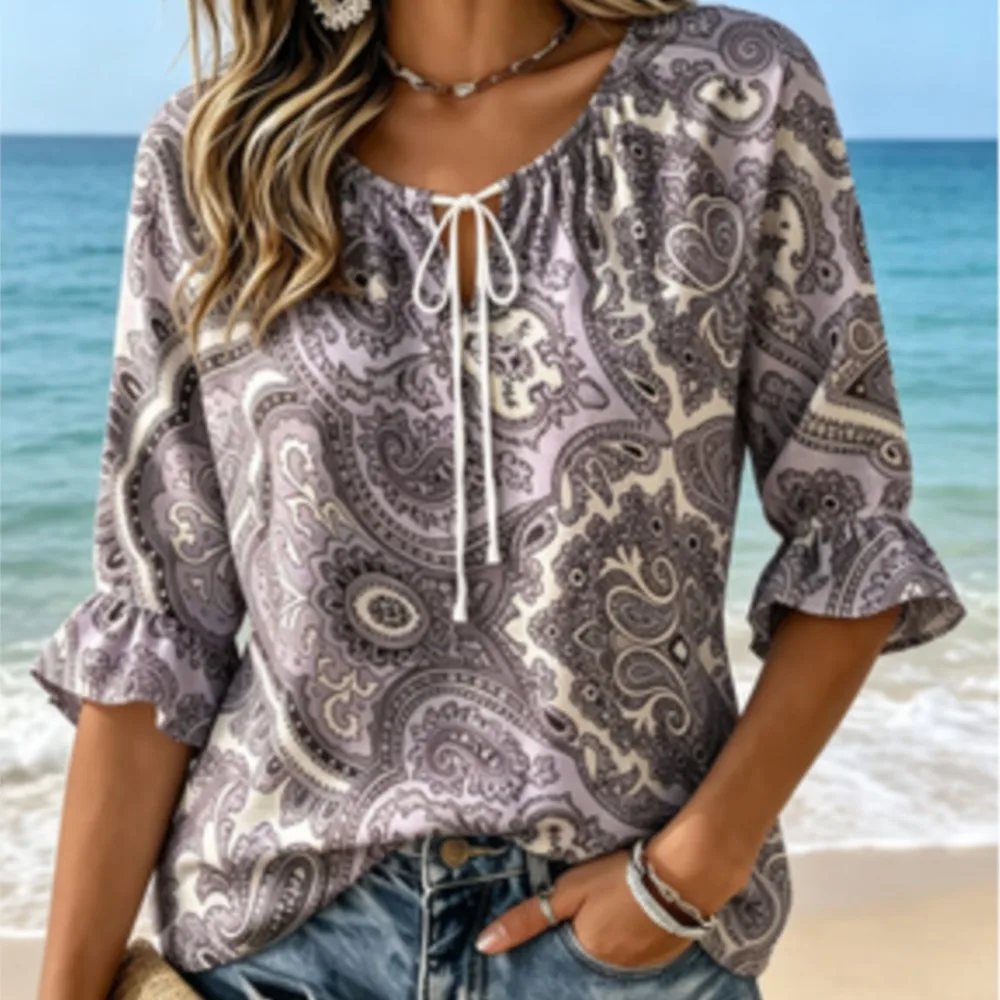 Women's Light Purple Paisley Floral Print Tie Neck Blouse Ruffle 3/4 Sleeve Vintage Boho Casual Loose Daily Top
Women's Light Purple Paisley Floral Print Tie Neck Blouse Ruffle 3/4 Sleeve Vintage Boho Casual Loose Daily Top