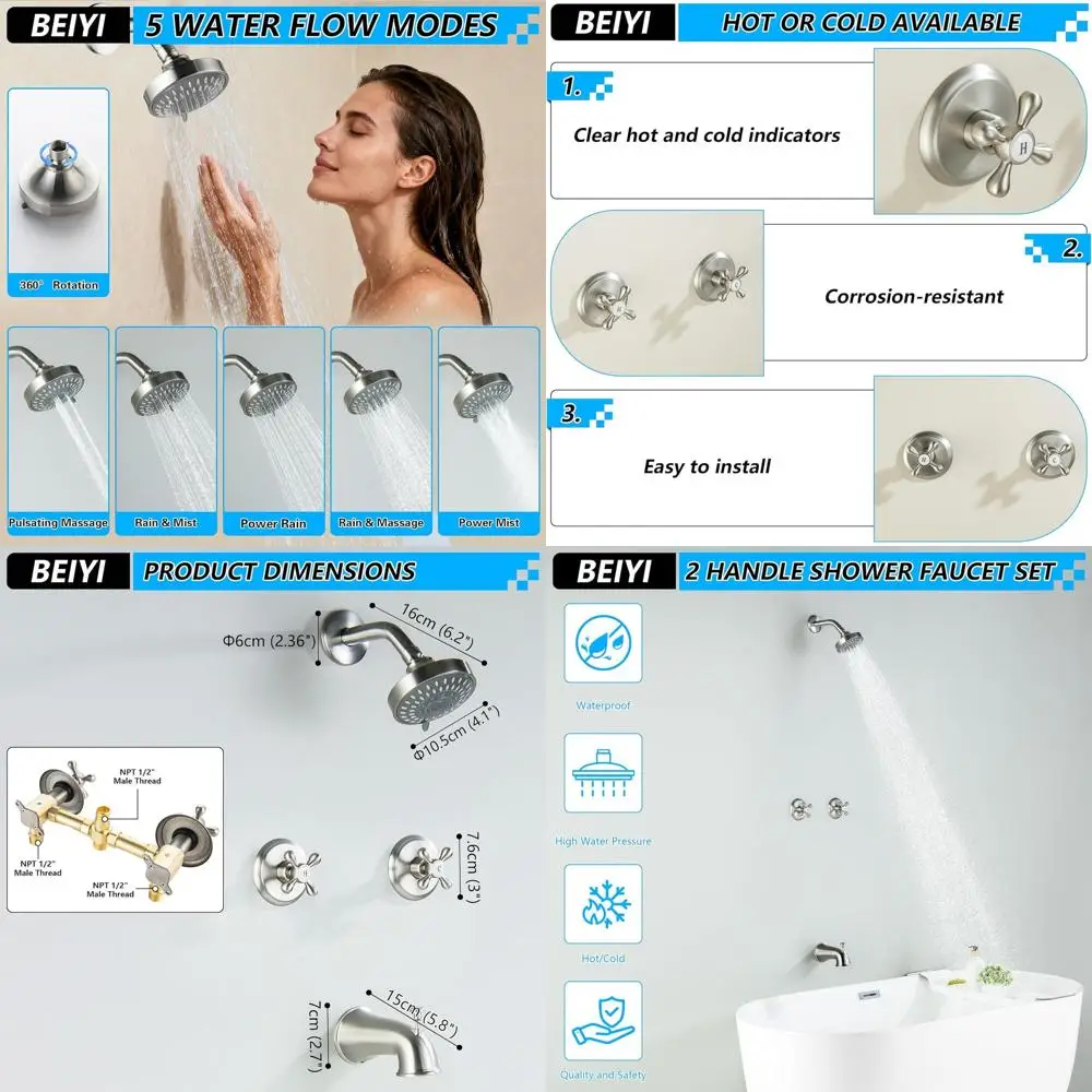 Dual Handle Shower Faucet Set with Tub Spout and Wall-Mounted System, Brushed Nickel Finish
Dual Handle Shower Faucet Set with Tub Spout and Wall-Mounted System, Brushed Nickel Finish