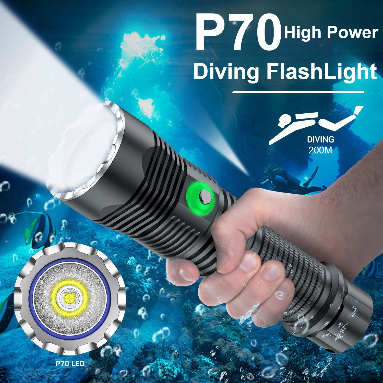 5000LM P70 Chip Diving Flashlight IPX8 Waterproof Dive LED Flashlight High Power Scuba Diving Torch Magnetic Switch Matel Body
5000LM P70 Chip Diving Flashlight IPX8 Waterproof Dive LED Flashlight High Power Scuba Diving Torch Magnetic Switch Matel Body