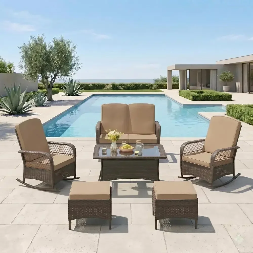 7-Piece Outdoor Wicker Patio Furniture Set with Loveseat, Rocking Chairs, Table, and Ottomans for Garden, Pool, or Backyard
7-Piece Outdoor Wicker Patio Furniture Set with Loveseat, Rocking Chairs, Table, and Ottomans for Garden, Pool, or Backyard