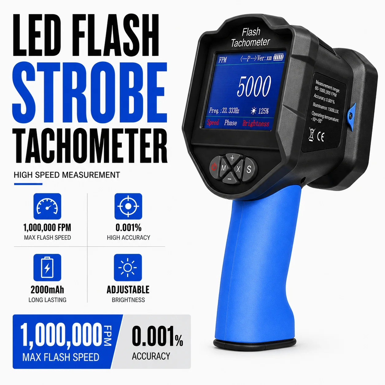 High-Precision LED Stroboscope Tachometer, 60–1,000,000 RPM, Rechargeable Handheld Non-Contact TFT Speed Meter with 5 Memory
High-Precision LED Stroboscope Tachometer, 60–1,000,000 RPM, Rechargeable Handheld Non-Contact TFT Speed Meter with 5 Memory