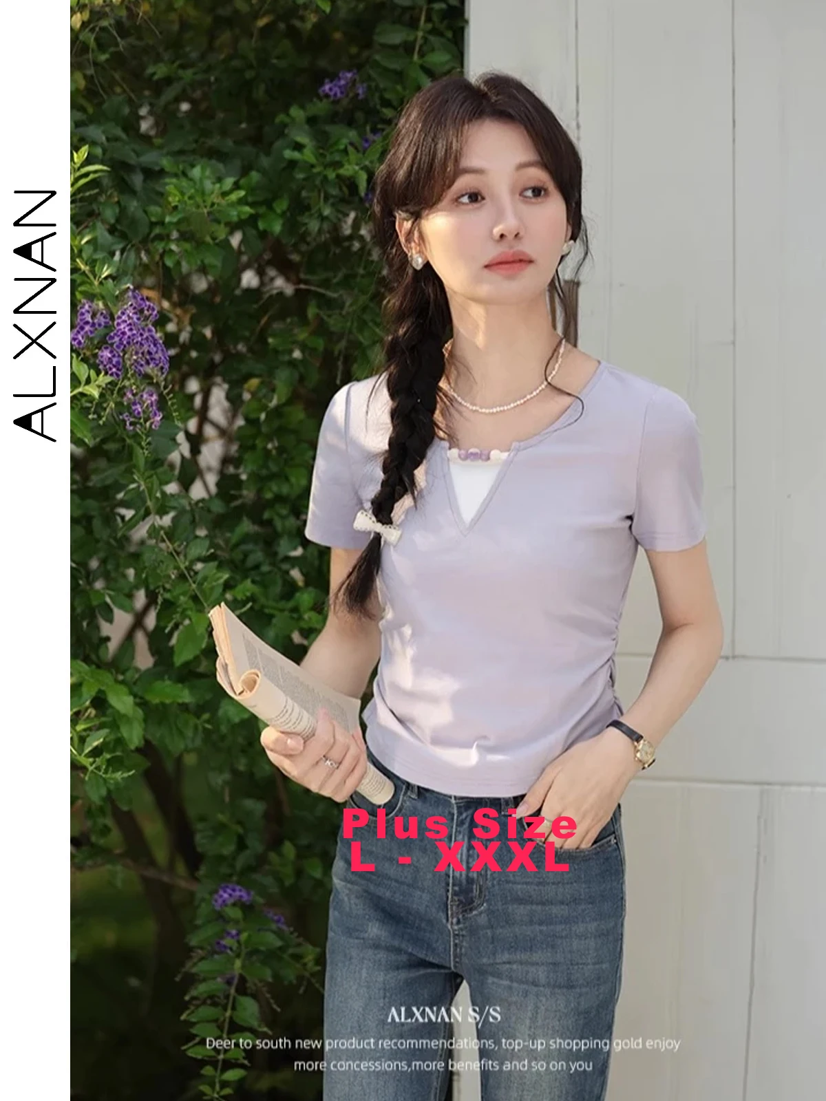 ALXNAN Plus Size Women's T-shirt Purple Elegant Cotton Short T-shirt 2025 Summer Beaded Design Short Sleeve Tees Female D09960
ALXNAN Plus Size Women's T-shirt Purple Elegant Cotton Short T-shirt 2025 Summer Beaded Design Short Sleeve Tees Female D09960